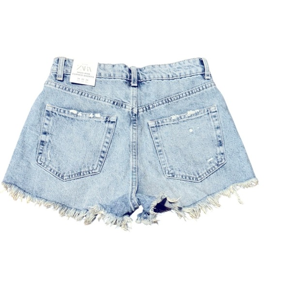 Zara Womens Blue Jean Denim High Rise Curved Shorts Size 2 Distressed Frayed Hem - Picture 2 of 9